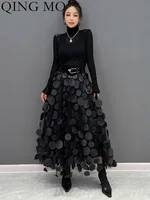 QING MO Polka Dot Women Skirt Black 2023 Spring Summer New Korean Fashion Trend Patchwork Mesh Skirt Streetwear Dress ZXF1016
