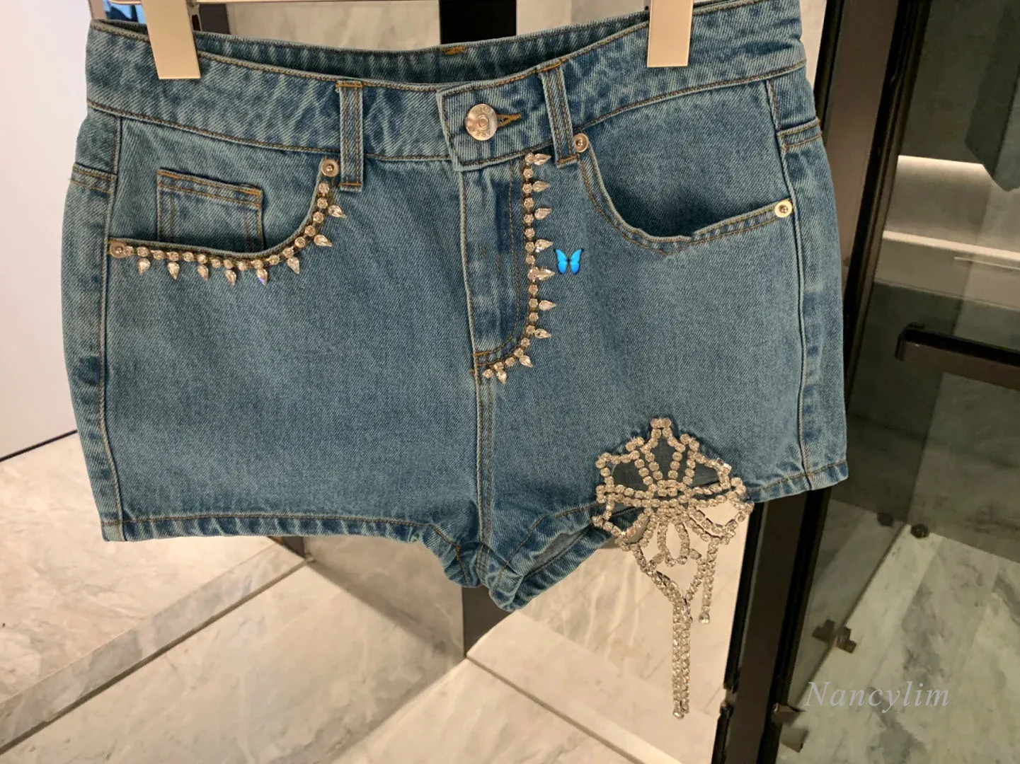2024 Summer Blue Denim Shorts Retro Younger Personality Stitching Heavy Industry Drill Chain Slimming High Waist Jean Shorts