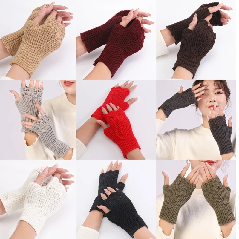 

Women Student Autumn Hollow Out Knitted Fingerless Gloves Fish Scale Design Solid Color Half Finger Mittens Thumb Hole Arm