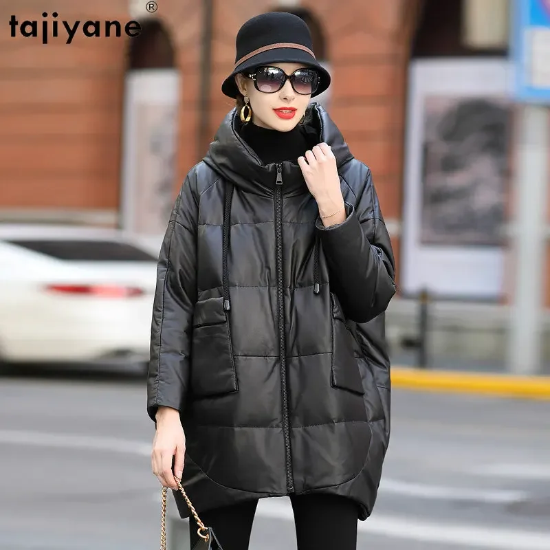 

Tajiyane Genuine Sheepskin Leather for Women Down Coats Warm Hooded Loose Leather Coat Women Casual Down Jackets Casaco Feminino