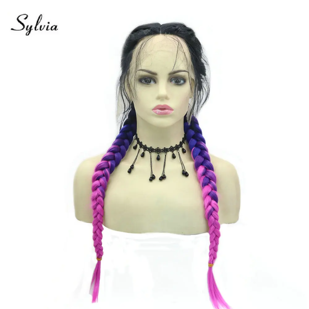 

Sylvia Double Braids Ombre Wig Rainbow Purple Synthetic Lace Front Wigs for Women Black To Blue To Hot Pink Three-Tone Colored