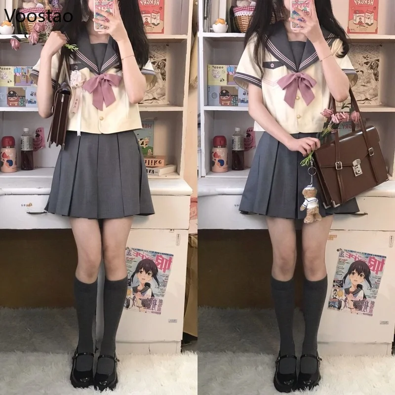 Japanese School Girl JK Uniform Women Kawaii Bow Blouses High Waist Mini Pleated Skirts Sets Girls Cute Sailor Uniform Costumes japanese school uniform japanese schoolgirl skirt