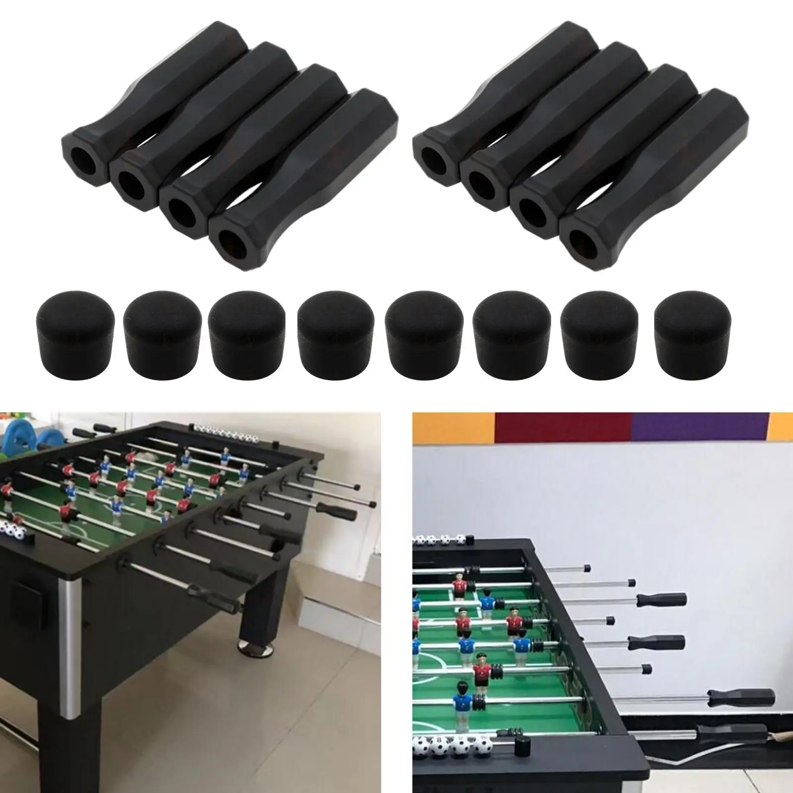 16Pcs Black Octagonal Handles and Safety End Caps for Standard Foosball Tables Soccer Table Replacement Handles Black 116mm table football game tabletop soccer game