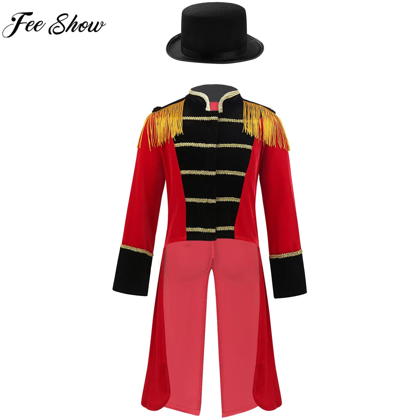 

Boy Circus Ringmaster Cosplay Costume Halloween Theme Party Magician Dress Up Coat Long Sleeve Tassel Tailcoat with Felt Hat