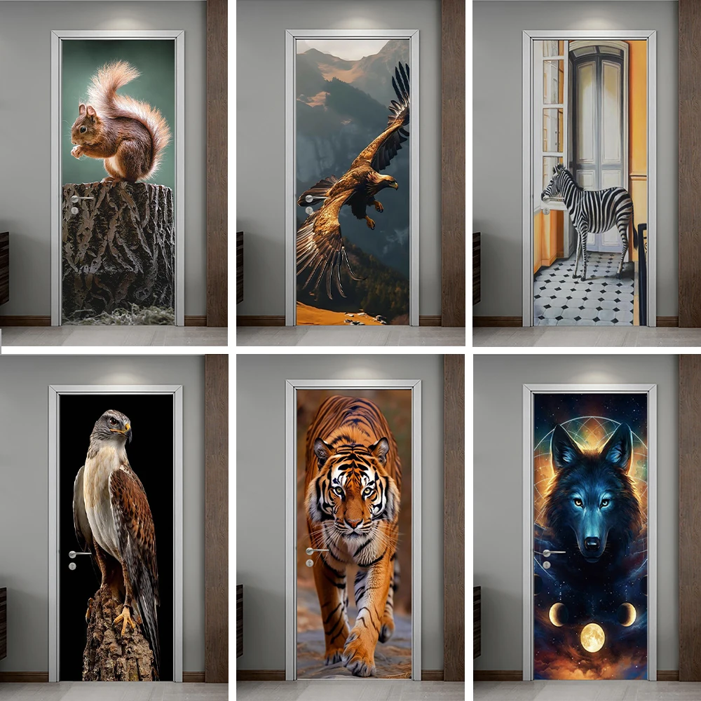 3D Realistic Animal Photo Door Stickers Self-adhesive Waterproof PVC Ferocious Tiger Wolf Beast Door Wallpaper Home Decorative