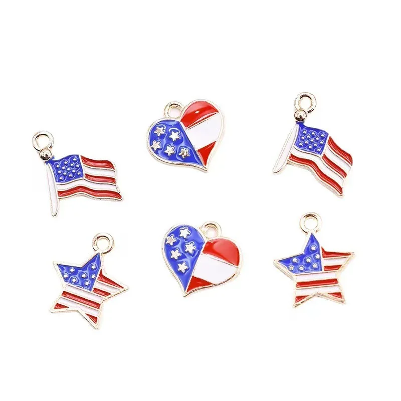 10pcs/Lot USA Flag Heart Star Oil Printing Enamel DIY Charms for Bag