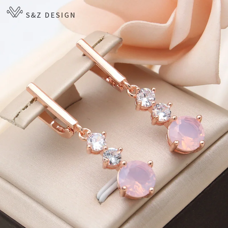 S&Z DESIGN New Fashion 585 Rose Gold Color Round Cubic Zirconia Dangle Earrings For Women Simple Holiday Party Jewelry Gift