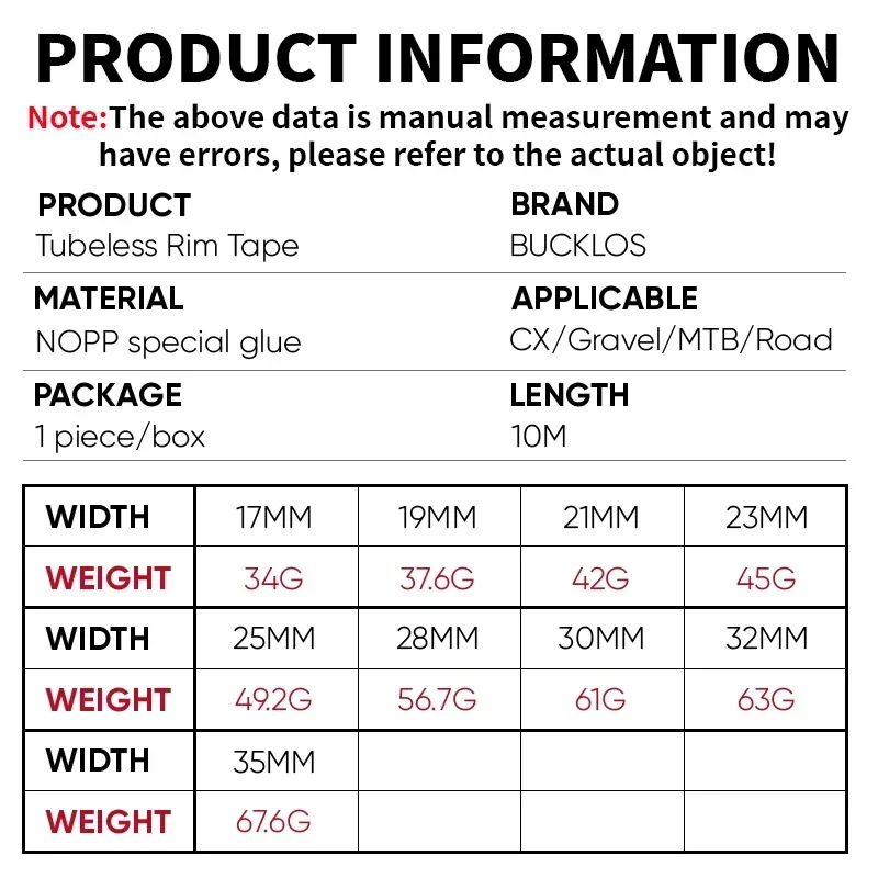 Bicycle Tubeless Rim Tape BUCKLOS 10M 17/19/21/23/25/28/30/32/35mm Width Bike Wheel Rim Stripe MTB Road Bike