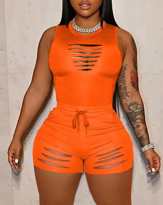 

Women's Sexy Suits 2024 Spring/summer Latest Sporty Round Neck Sleeveless Ladder Cutout Tank Top & Drawstring Skinny Shorts Set