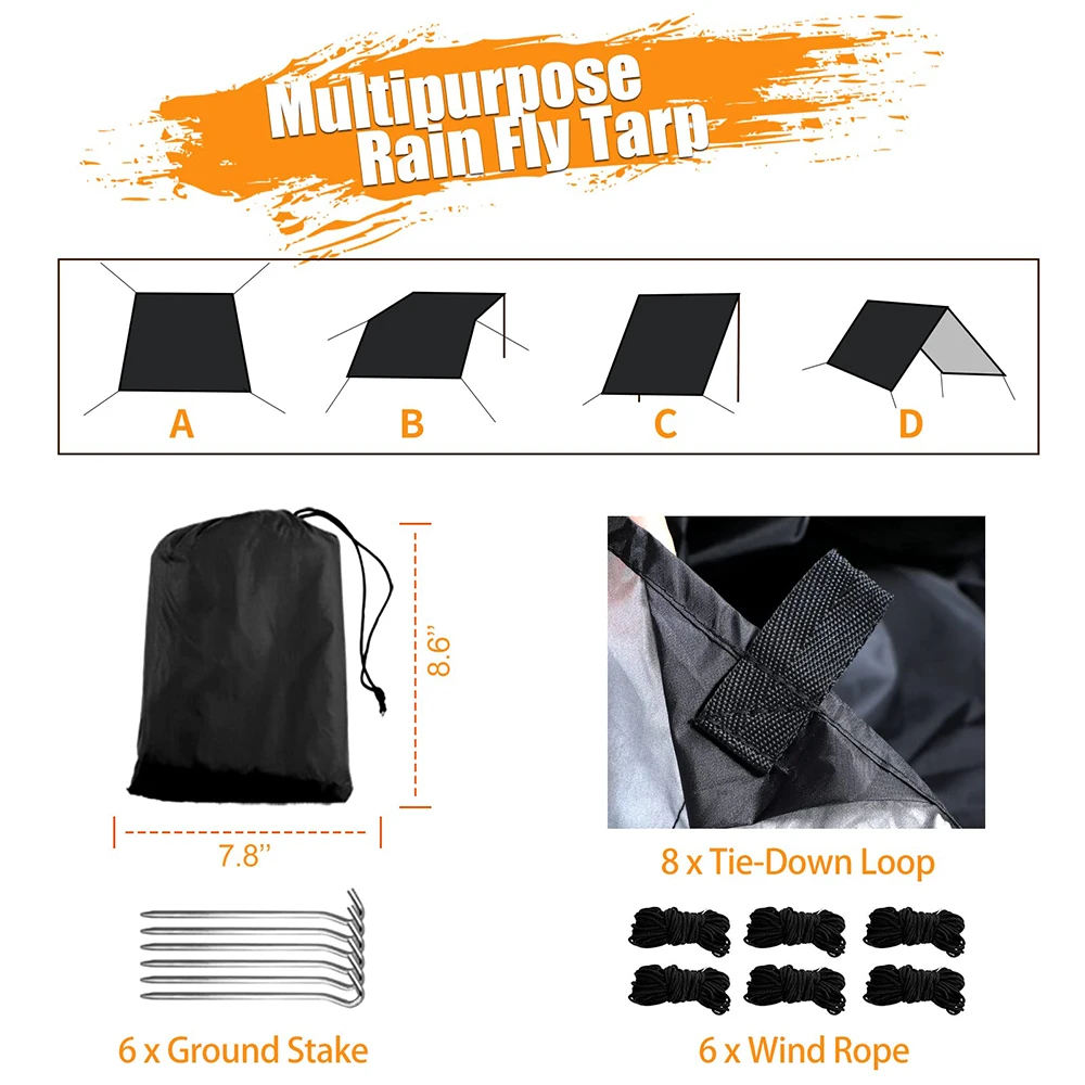 300x300cm Hammock Tarp outdoor awnings rainproof tarpaulin Waterproof Lightweight Rain Tarp Shelter Shade Tent With Ropes Awnings for Camping Picnic Fishing