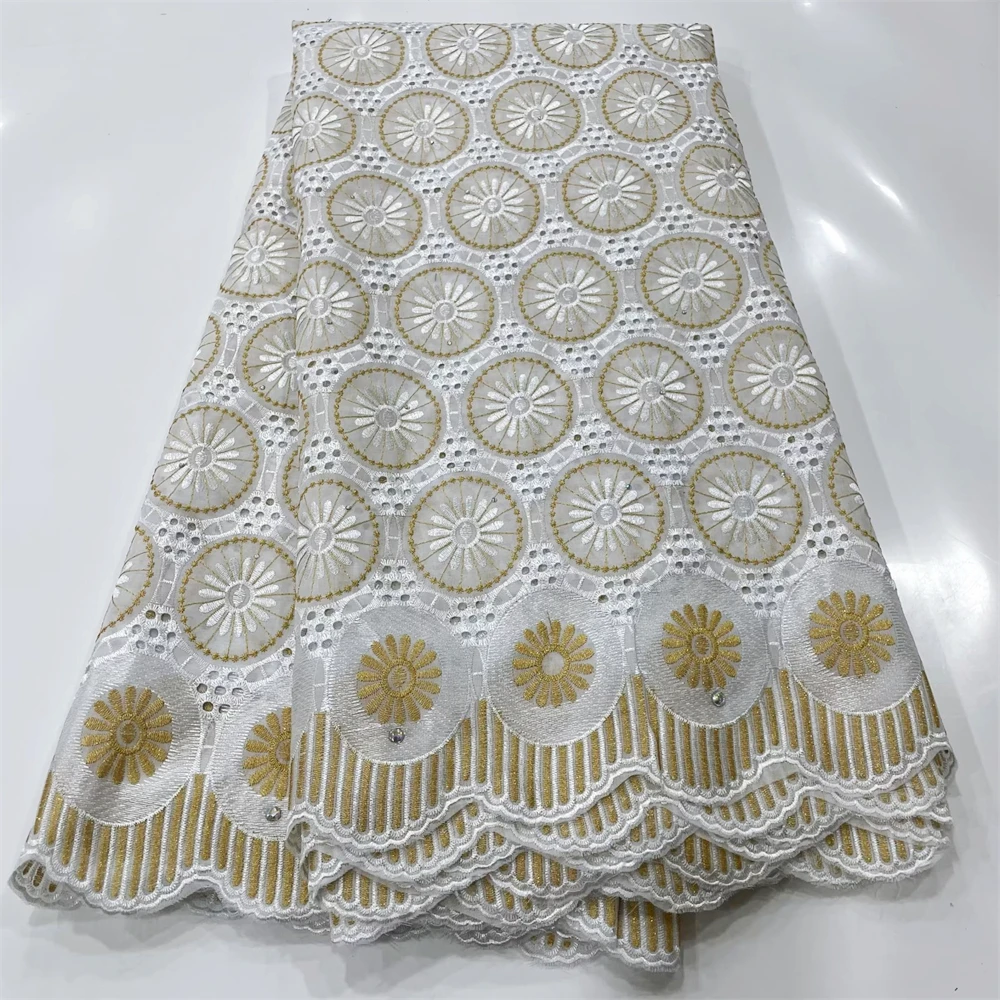 

African Lace Fabric with Stones for Women Dress, Swiss Cotton, White and Gold, 5Yards