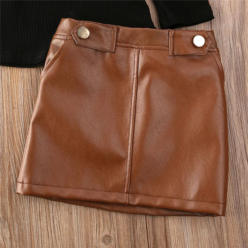 Girls Turtleneck Sweater & Leather Skirt Set 5