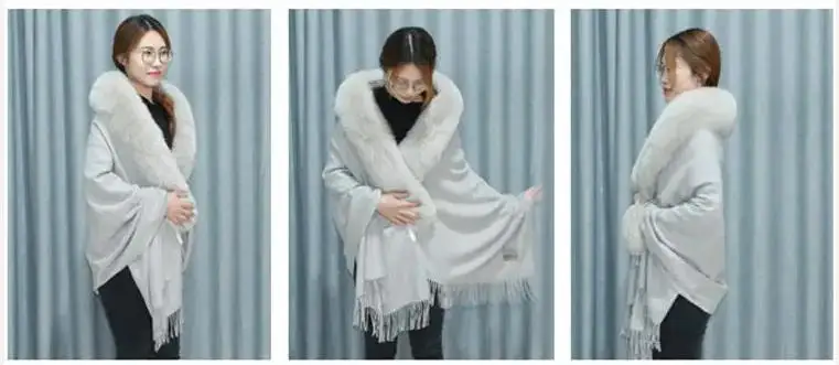 Luxuriöser Winterschal aus 100 % echter Wolle mit echtem Fuchspelzbesatz, Pashmina-Umhang für Damen, hochwertiges Hochzeitsaccessoire – Detail 14