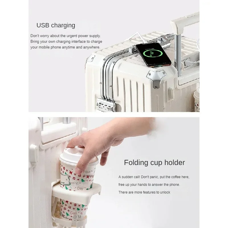Large Capacity Aluminum Frame Luggage 32-Inch Universal Wheel Password Suitcase with Cup Holder and Rechargeable Travel Products