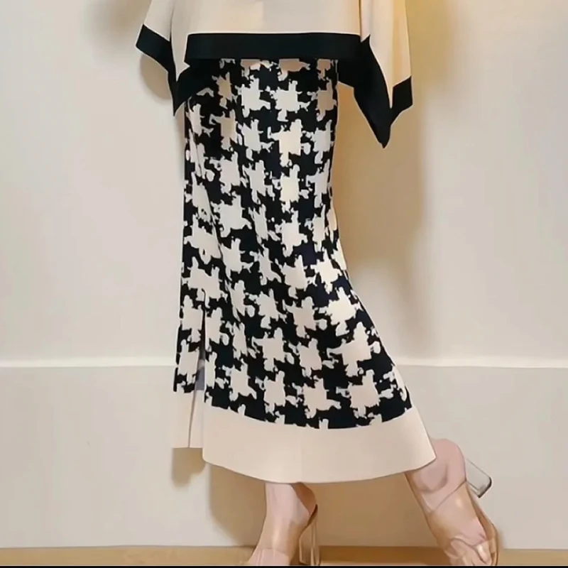 Women's Pleated Style Comfortable Casual Temperament Elegant Slim Diamond Print Pleated Skirt Summer New Style Hip Wrap Skirt