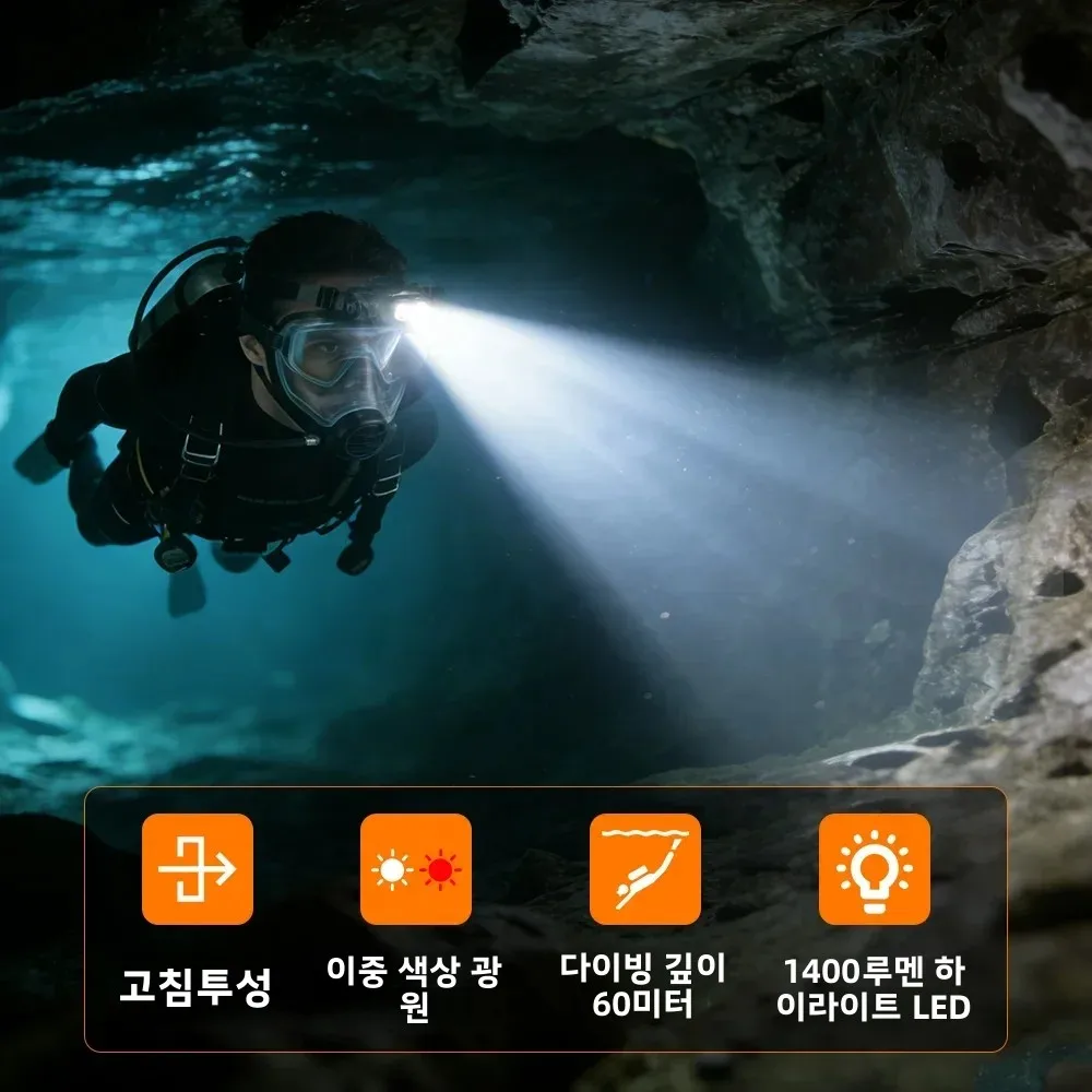 BORUiT HP2000 LED 다이빙 헤드램프 1400LM 60미터 수중 헤드라이트 7가지 조명 모드 IP68 방수 21700 다이빙 램프