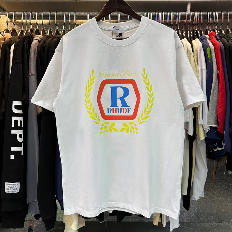 

2023ss RHUDE New Hopps Print High Quality Double Yarn Loose Short-sleeved T-shirt for Men and Women Men Clothing 1981 Shirt