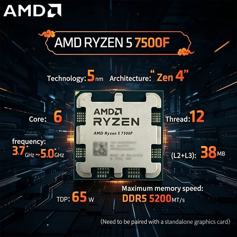 AMD 라이젠 5 7500F 3.7GHz 6코어 12스레드 프로세서, 32MB L3 캐시, 65W TDP, AM5 소켓, PC 게임용, DDR5 메모리 지원