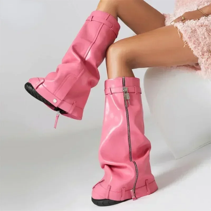 

Brand Women's Boots Trend 2023 Platform Wedges High Heels Lock Metal Mid Calf Booties Woman Winter Goth Punk Female Shoes