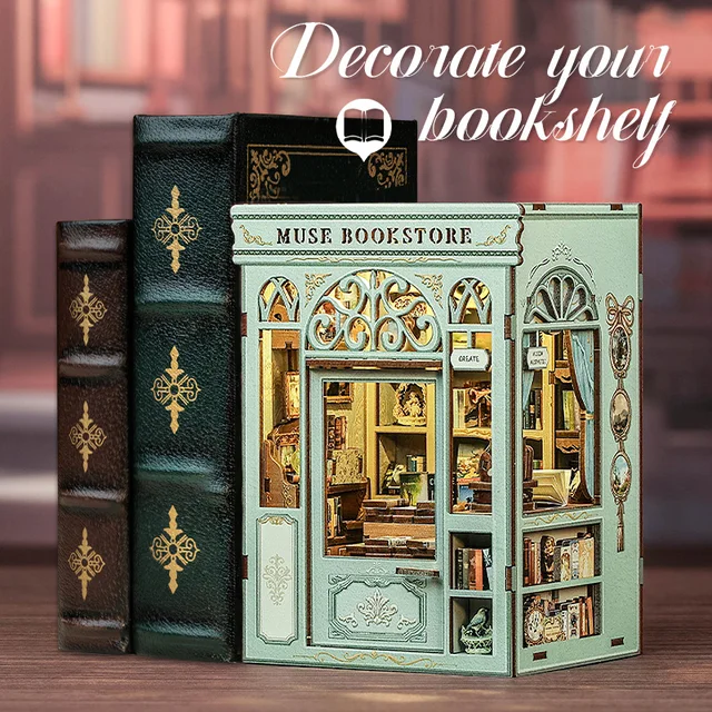 CUTEBEE DIY Book Nook Kit DIY Doll House with LED Light Bookshelf Insert Muse Bookstore Model Collection For Birthday Child Gift 3