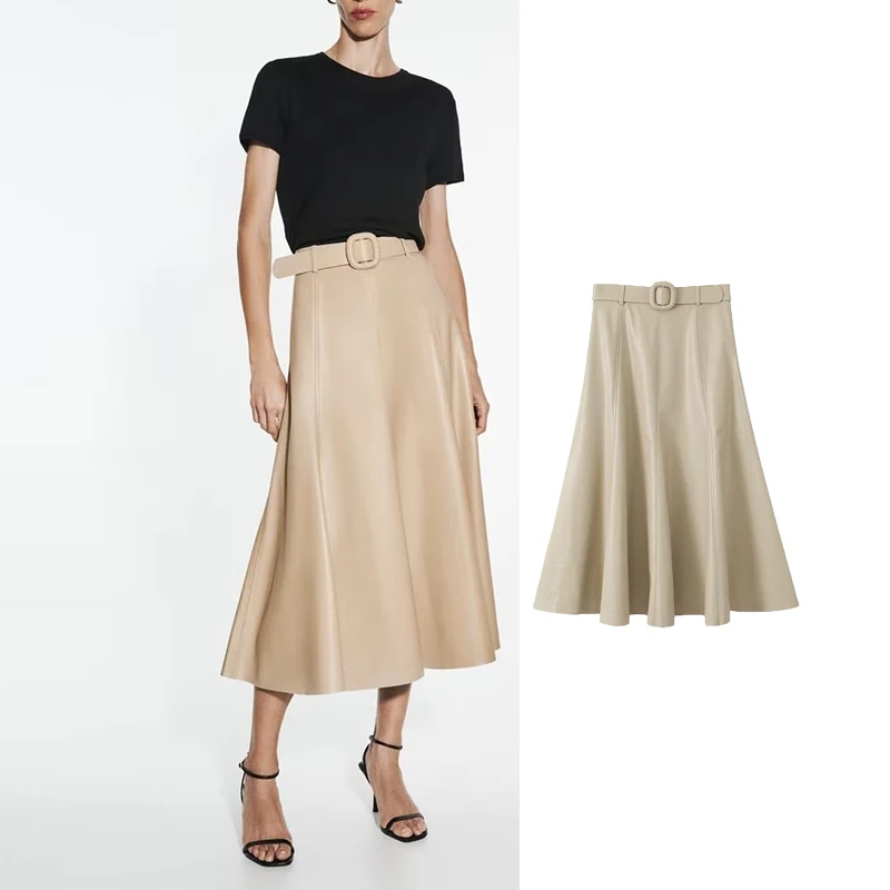 

TRAF 2023 New Womens Faux Leather Long Skirt High Waist Midi Skirt For Women Summer Belt Elegant Women's Skirts Fashion Skirt