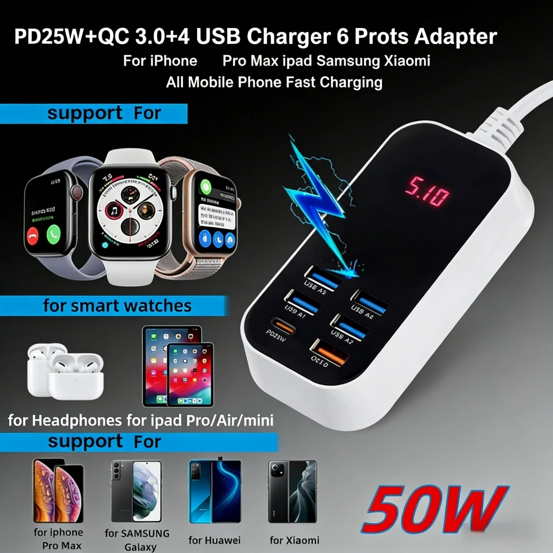 รูปสินค้า อะแดปเตอร์ชาร์จเร็ว 6 พอร์ต USB-C PD 50W พร้อมไฟ LED