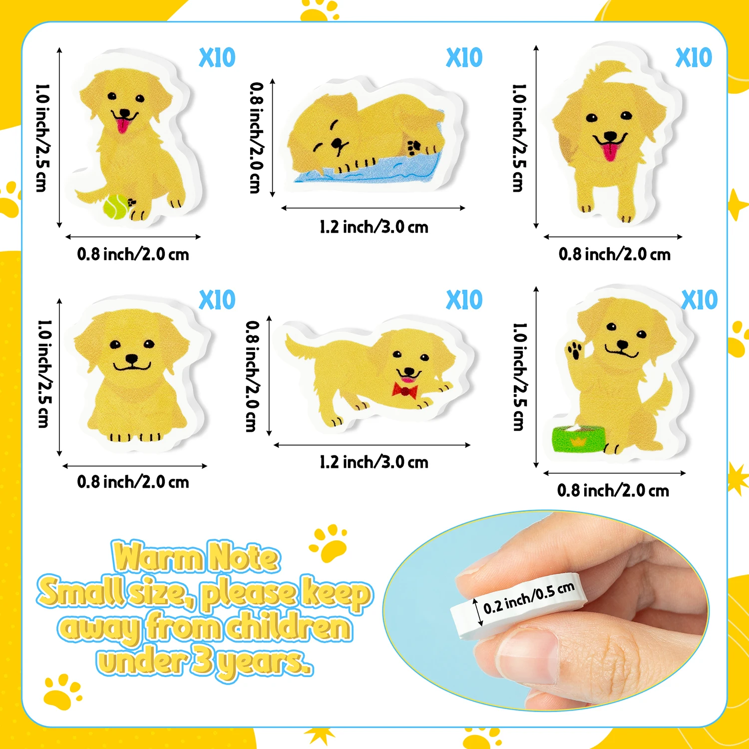 60Pcs Cartoon Eraser Set Dog/Fruit/Axolotl Shape Kids Eraser Stationary School Reward Party Favor for Birthday Party Anniversary 2
