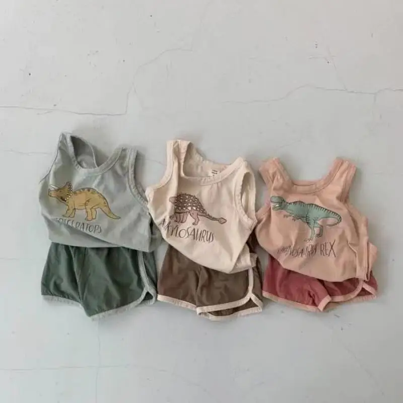 

2023 New Baby Sleeveless Vest + Shorts 2pcs Suit Summer Infant Cute Dinosaur Print Clothes Set Cotton Kids Toddler Outfits 0-24M