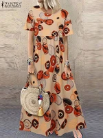 ZANZEA Short Sleeve Printing Maxi Dresses Casual Vacation Woman Bohemian A-line Robes Femme 2025 Summer Loose O-Neck Long Dress - Image 3