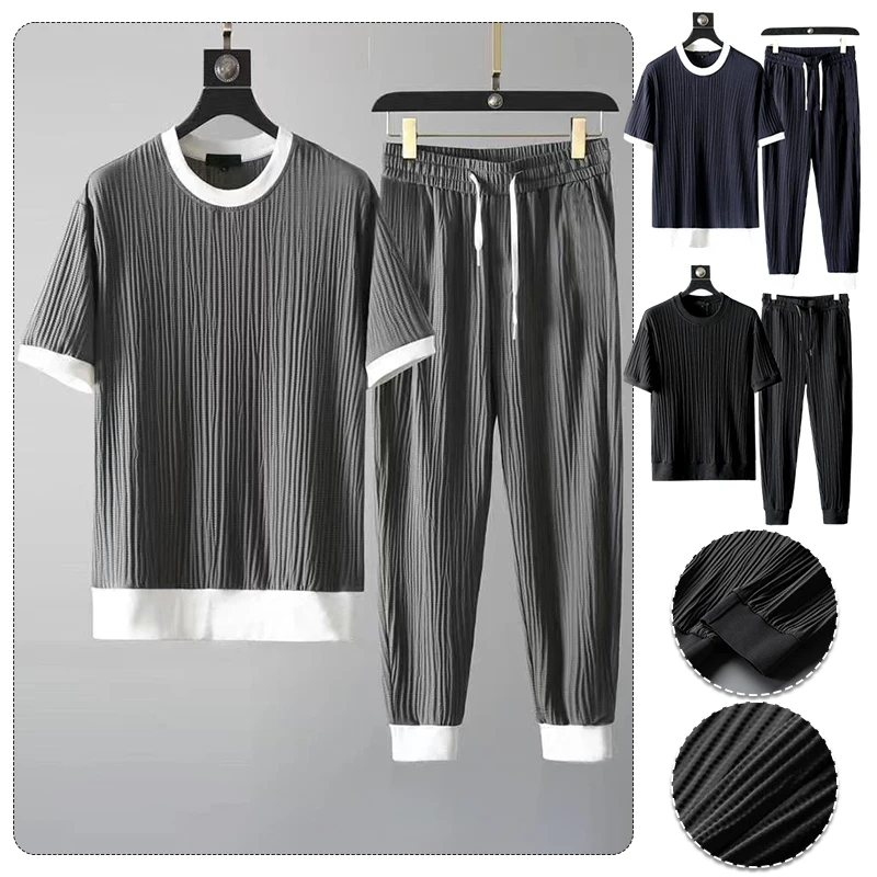 1 Set Men Fashion Outfit Summer Top Pants Set Solid Color Ultrathin Breathable O Neck Pleated Design Shirt+Trousers Tracksuits