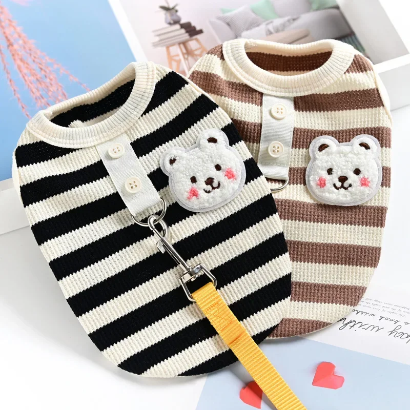 Pets Cat and Dog Clothes Waffle Grid Vest for Spring/Summer Striped T-Shirt with Leash for Small Dogs Summer Outfit pet dress,pet dog clothes