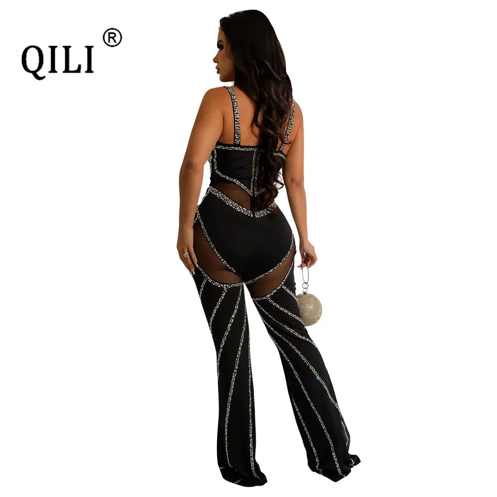Women's Deep V Suspender Jumpsuit, Loose, Wide Leg, Black, Red, White, Diamonds, Sexy, Perspective