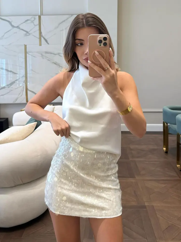 HH Women Elegant Fashion Solid Skirts Sets High Waist Slim Sequins Mini Skirt Off-Shoulder Halter Top High Street Lady Suits