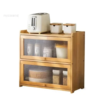 ตู้ข้างโต๊ะครัวแบบญี่ปุ่น ทำจากไม้ไผ่ ตู้เก็บของในครัว เฟอร์นิเจอร์บ้าน ตู้เก็บภาชนะบนโต๊ะอาหาร พร้อมบานประตูป้องกันฝุ่น 2