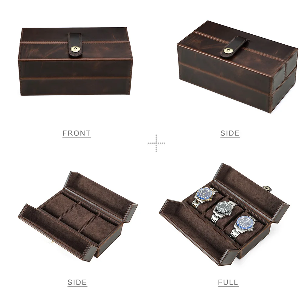 Vintage Luxury Genuine Leather 3 Slots Watch Roll Case Travel Portable Organizer Storage Box with Metal Buckle Handmade Gifts