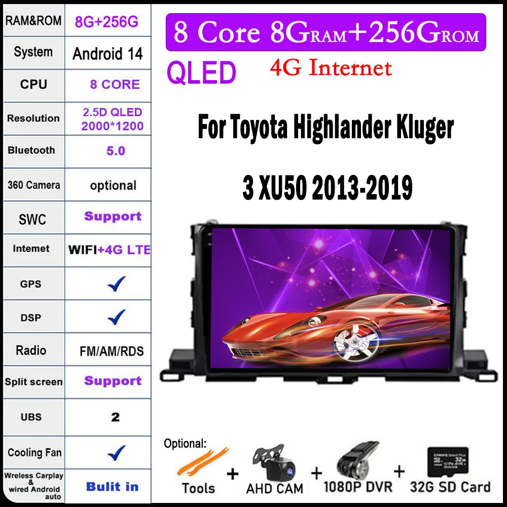 

Android 14 для Toyota Highlander Kluger 3 XU50 2013-2019, автомобильный аудиоплеер, автомагнитола, видео, мультимедийная стереоголовка Carplay