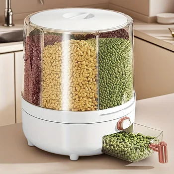 6-Compartment 360° Rotating Airtight Food Storage Container - Moisture-Proof for Cereal, Candy, Rice - Kitchen Pantry Organizer