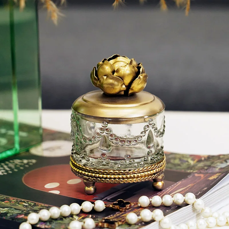 

Brass Carved Glass Jewelry Organizer Light Luxury Artistic Storage Vintage Flower Lid Box Organize with Elegance
