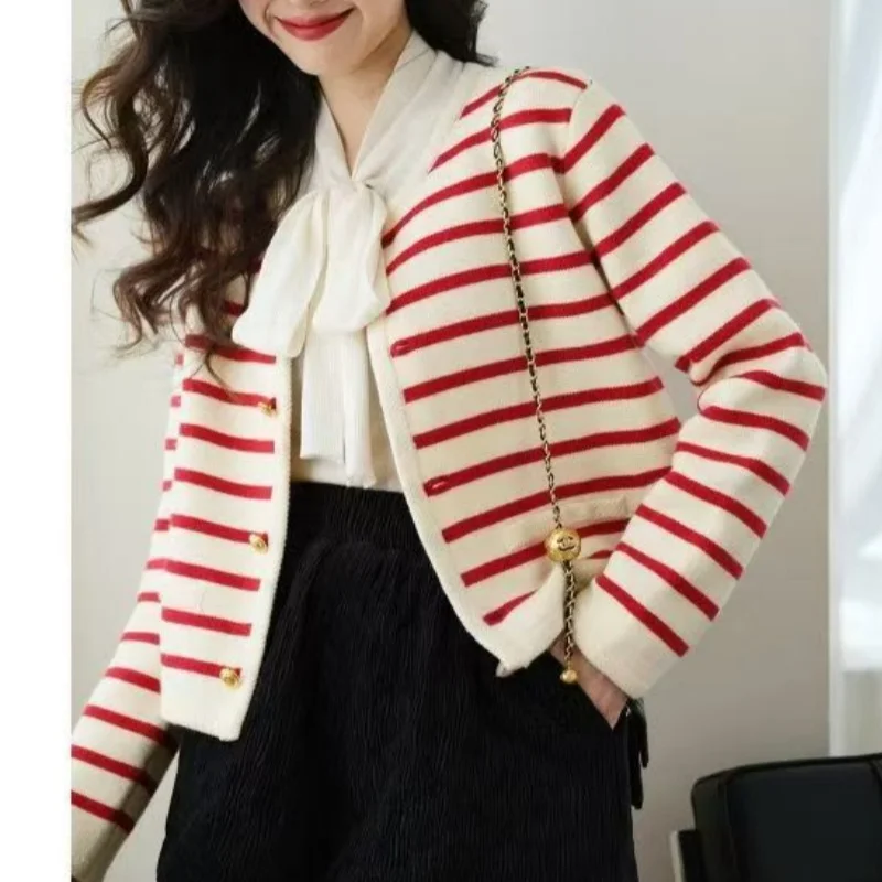 Korean Chic Elegant Office Lady Stripe Cardigan Matching Vintage Coats & Blouses Pretty Women's Sweaters Female Long Sleeve Top