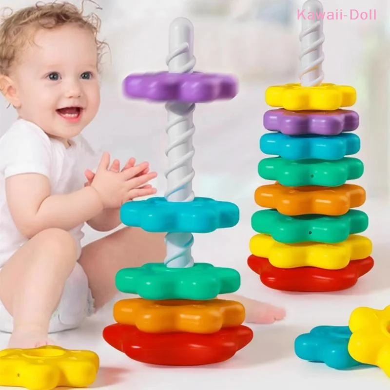 [DO]1 Set Baby Spinning Stacking Puzzle Toys Montessori Rotating Rainbow Tower Children Develop Motor Skills Game Kids Gift[DO] - 3