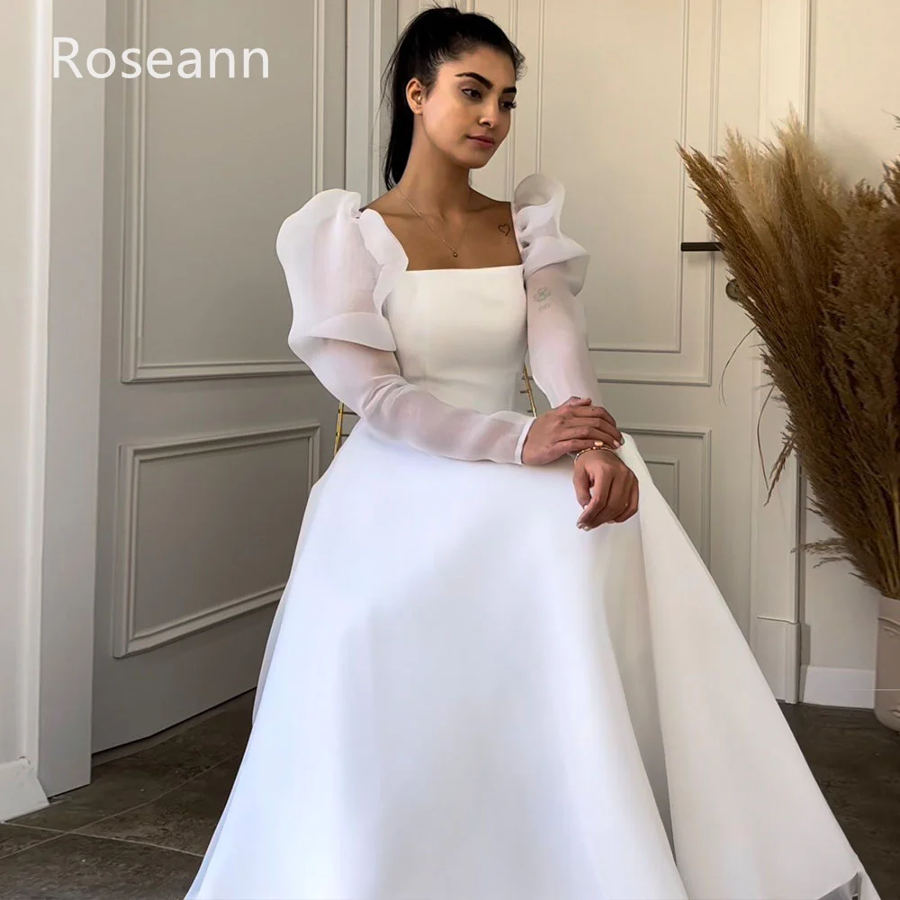 Muslim Exquisite Square A-line Wedding Dresses Puff Sleeve Satin Draped Pleat Full Bride Dresses Anck Length robe de mariée 2