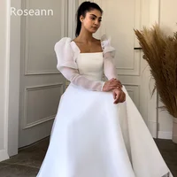 Muslim Exquisite Square A-line Wedding Dresses Puff Sleeve Satin Draped Pleat Full Bride Dresses Anck Length robe de mariée 2