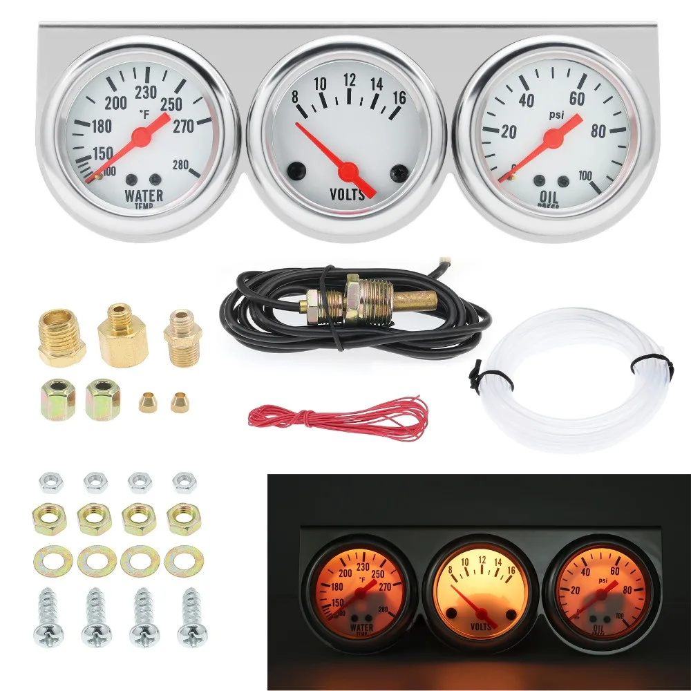 3-Gauge Set With Senders: Voltmeter, Water Temp Gauge, Oil Pressure Gauge - VDO Style, Black Face