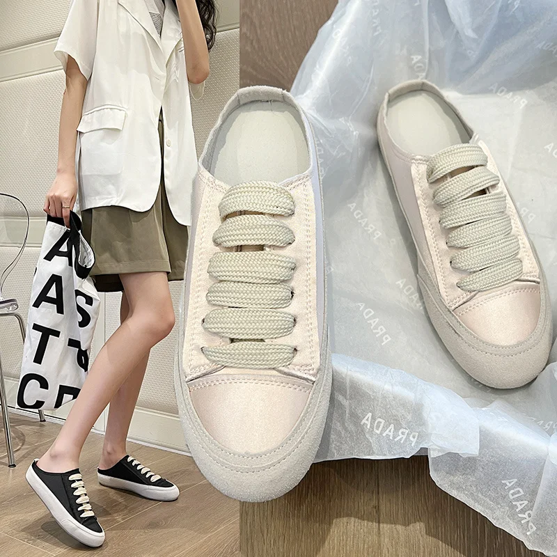 

2022 Ladies Spring/Summer Casual Flat Shoes Women's Solid Color Lace-Up Simple Thick Sole Half Toe Slippers Canvas Shoes