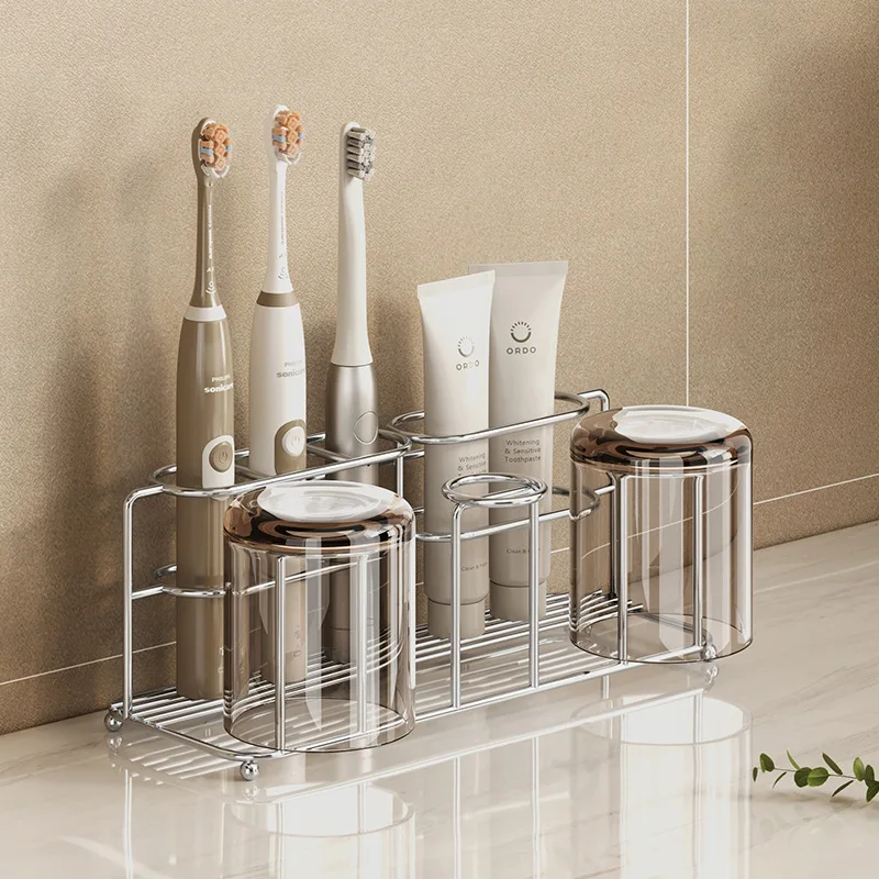 Stainless Steel Toothbrush Storage No Drilling Bathroom Wall Mounted Toothpaste Rack Wall Mounted Mouthwash Cup Storage Rack