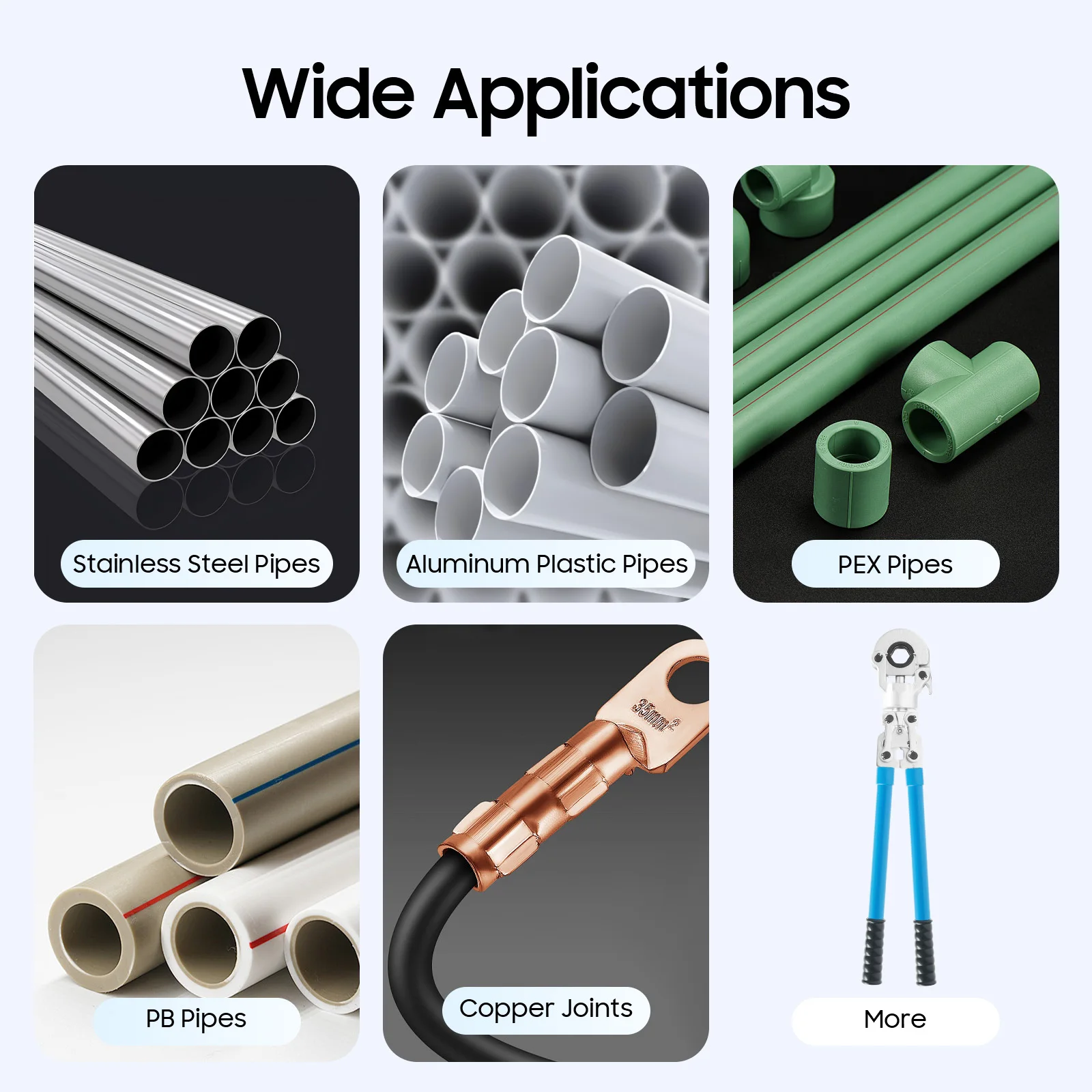 PEX-Crimpwerkzeug-Set für Aluminium-Kunststoffrohre mit 16/20/26/32 mm Durchmesser und Kupferrohre mit 12/15/18/22/28 mm Durchmesser, ergonomischer Griff – Detail 2