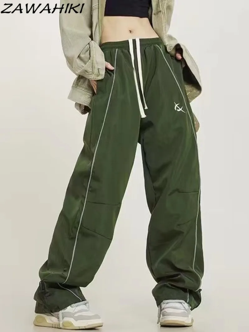 

Zawhiki американская уличная одежда повседневные свободные спортивные брюки с широкими штанинами женские прямые хип-хоп винтажные повседневные шикарные брюки на шнуровке