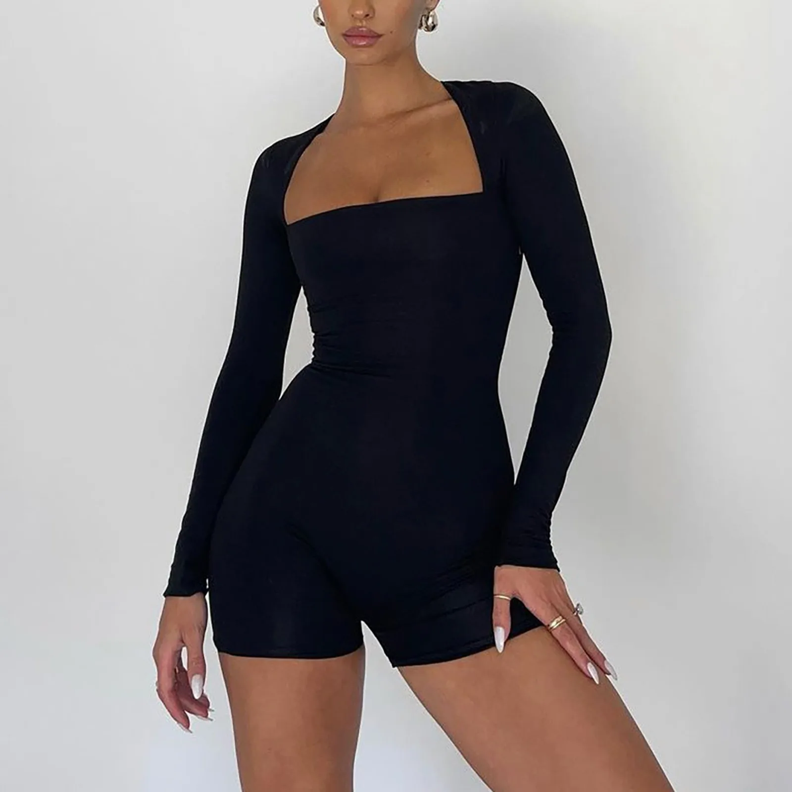 

Women Long Sleeve Bodycon Jumpsuits Square Collar Shorts Stretchy Romper Black Streetwear Outfits Skinny Overalls
