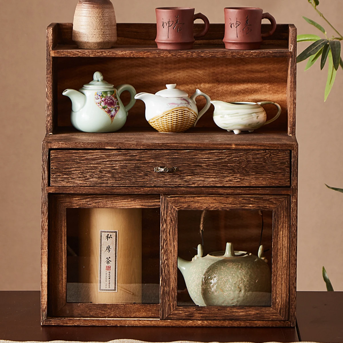 

Solid wood dustproof tea cosmetic tea cabinet desktop boogie stand tea cup holder teapot display stand storage shelf