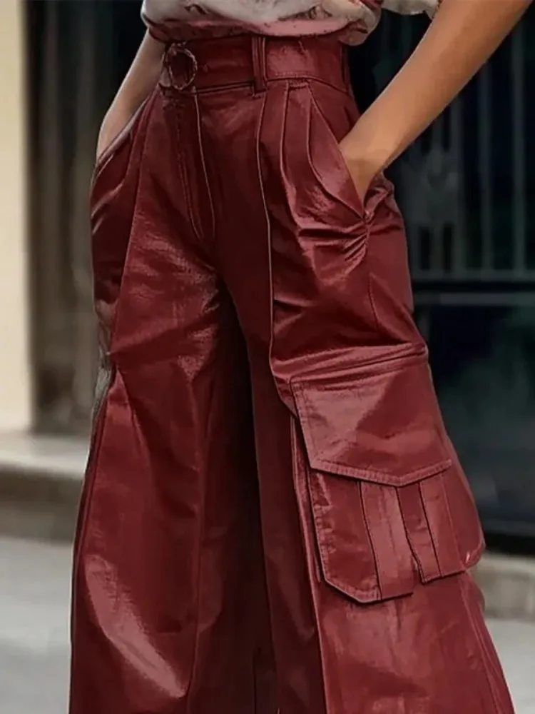 Freeacy Solid Color Faux Leather Pants for Women Belted Elastic High Waist Wide Leg Trousers Split-Joint Pockets Casual Bottoms